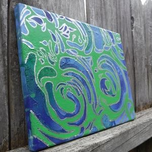 Abstract Wall Art - blue and green splash 8x10 paint pour artwork on canvas